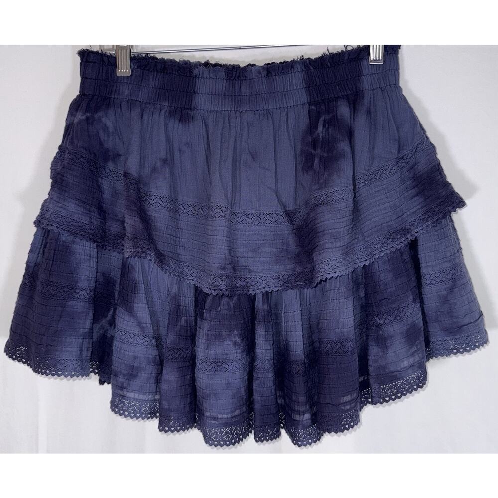 Aerie Rock N Ruffle Navy Tie Die Tiered Mini Skirt Y2K Boho Smocked Waist Sz L - Picture 3 of 9